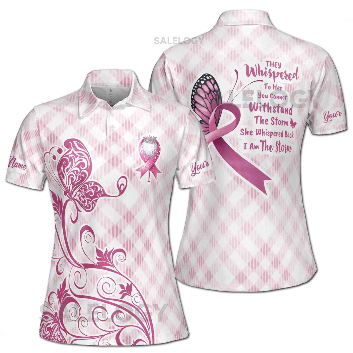 Custom Name Breast Cancer Month She is The Storm Women39s Polo S-5XL_57