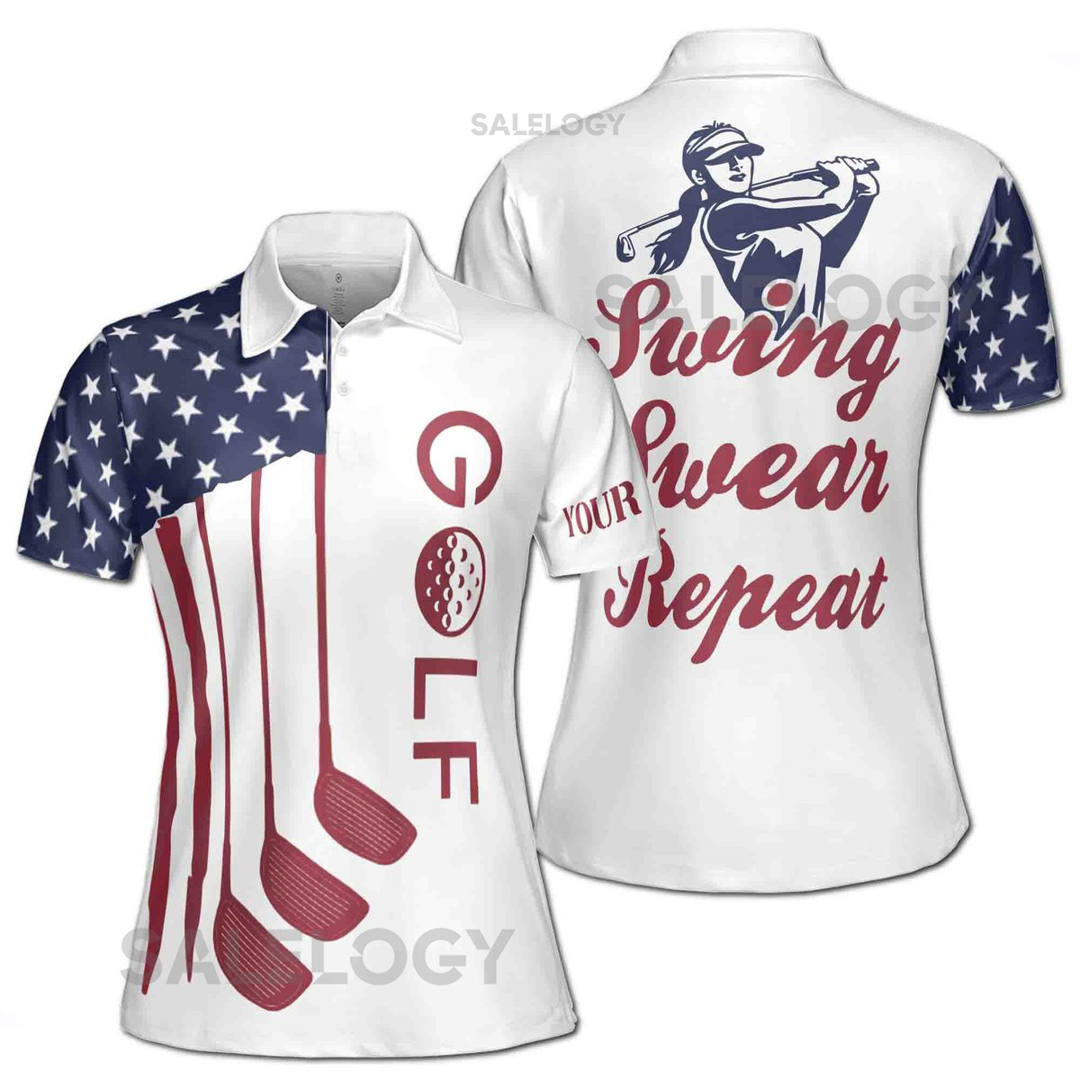 Custom Name Women39s American Flag Golf Polo Swing Swear Repeat Design S-5XL_219