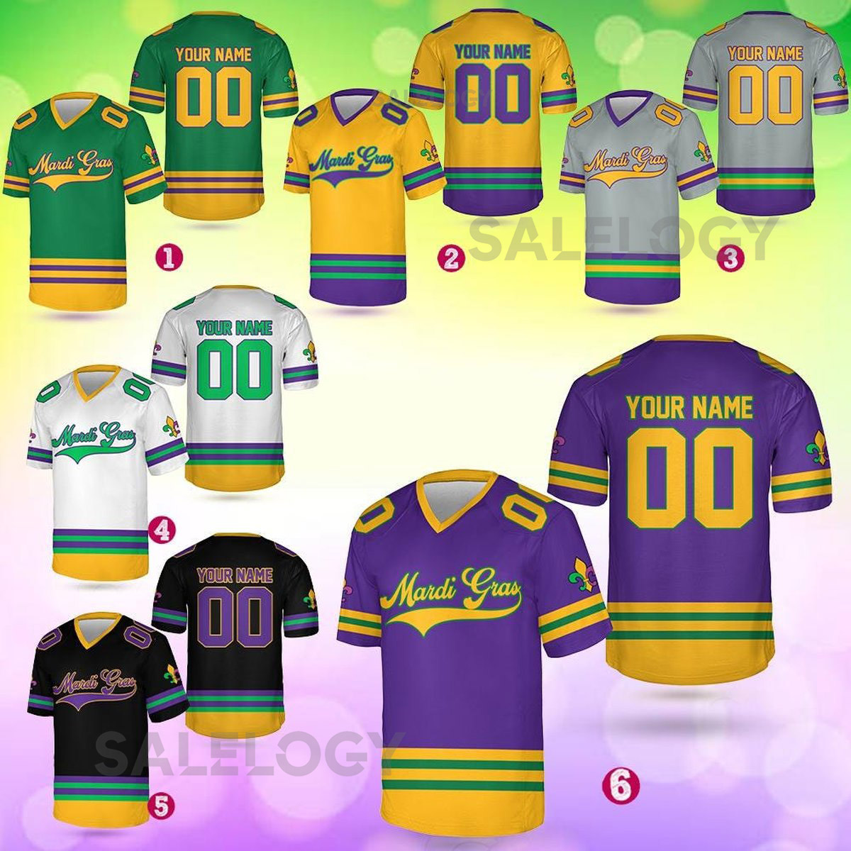 Personalized Mardi Gras Football Jersey Custom Your Name And Number V-neck Short Sleeve Jersey Mardi Gras Jersey Family Matching_18