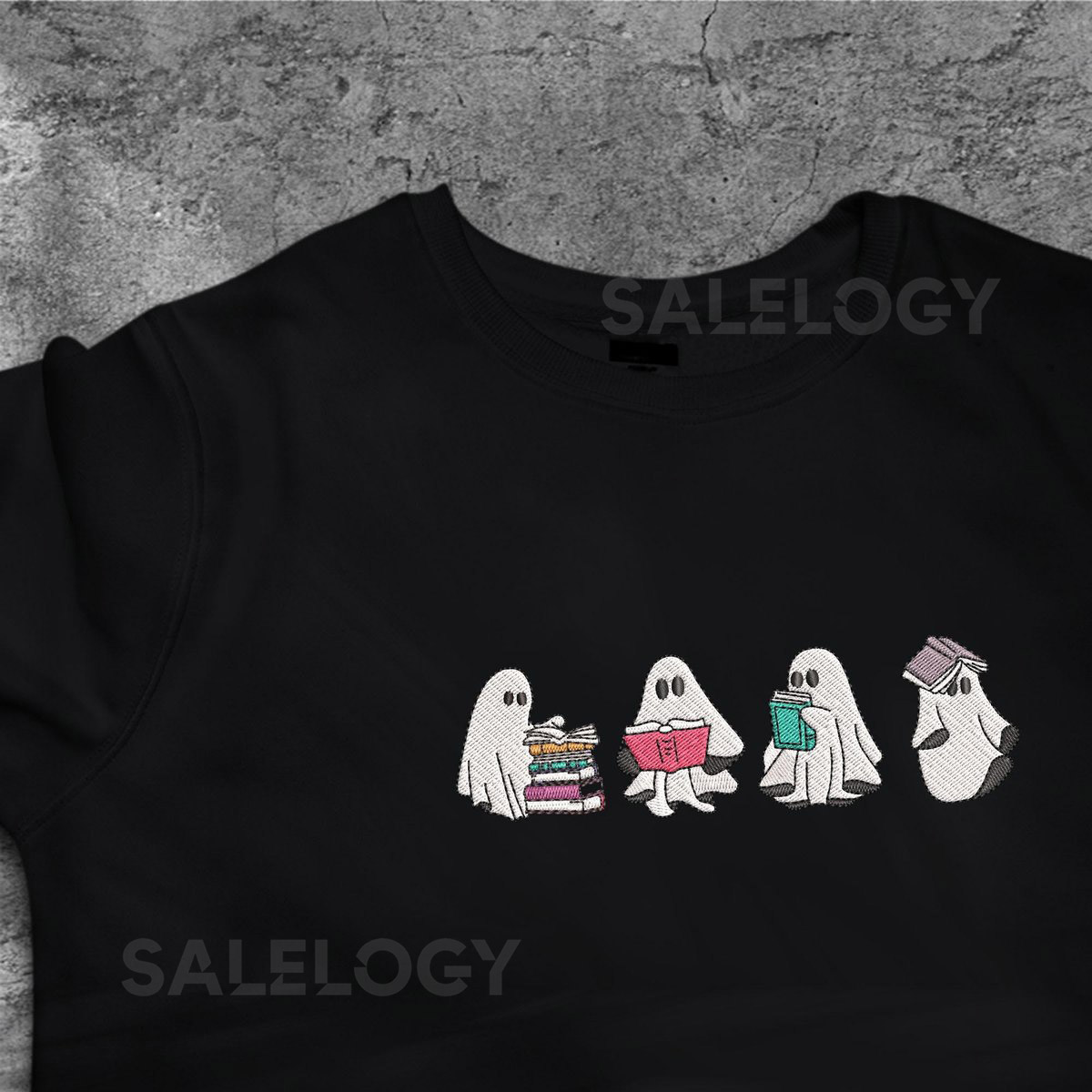 Funny Ghost Reading Sweatshirt Halloween Sweatshirt Embroidered Ghost Ghost Reading Books Fall Crew Ghost Embroidery Ghost Book Sweater_45