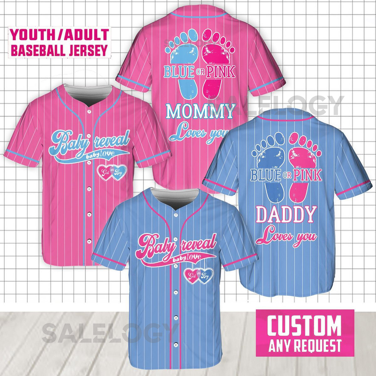 Personalized Baby Reveal Baseball Jersey Blue or Pink Baseball Jersey Gender Reveal Jersey Team Boy Team Girl Jersey Reveal Party Jersey_25