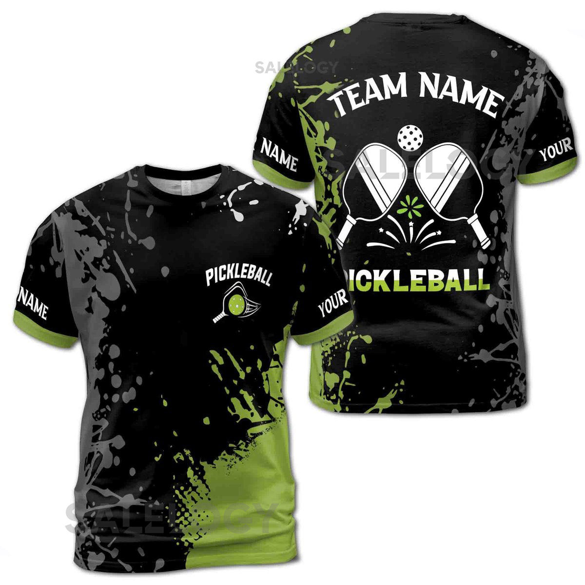 Personalized Name Team Lime Black Spatter Pickleball Men39s T-shirt S-5XL_249