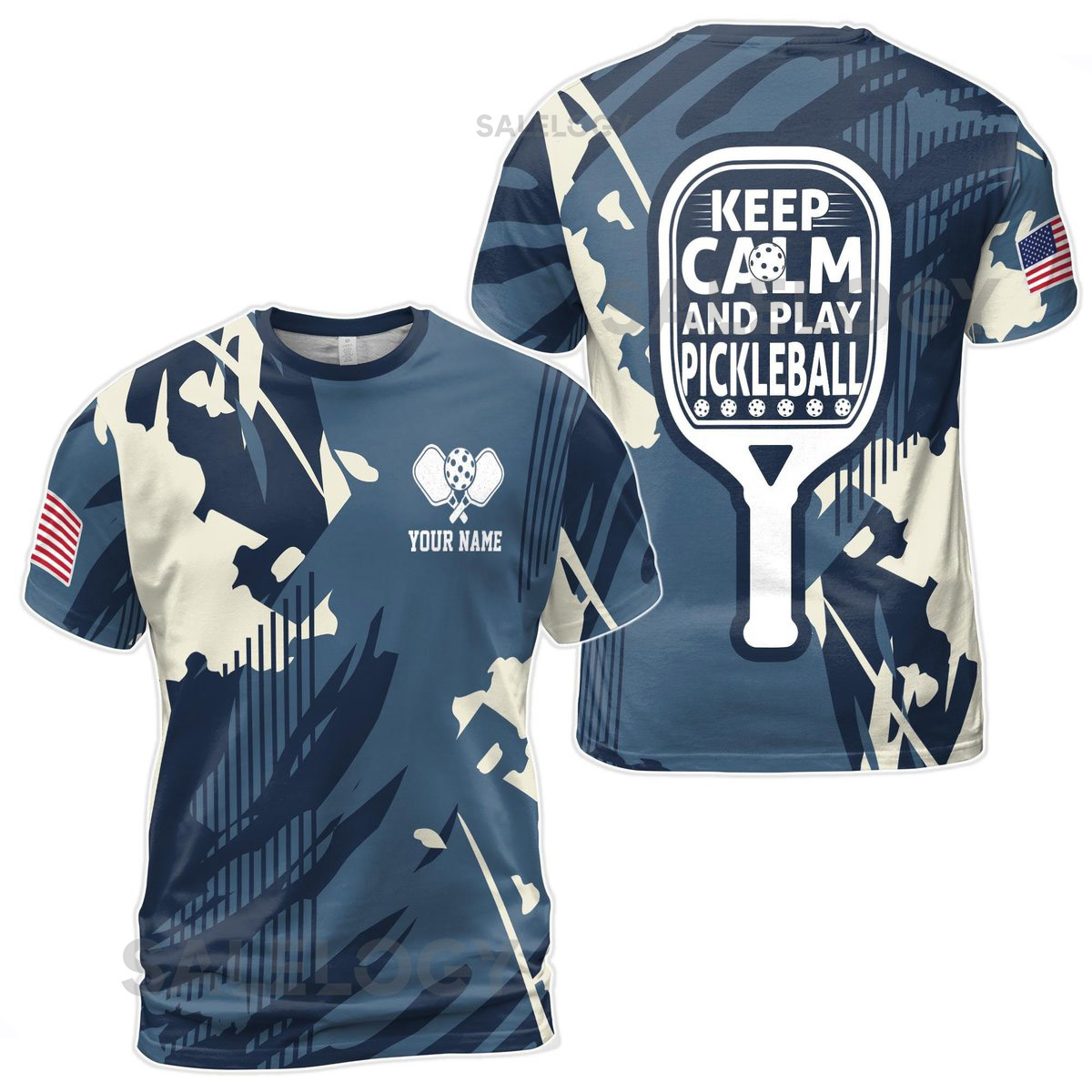 Custom Name America Camo Blue Keep Calm And Play Pickleball Men39s T-Shirt S-5XL_11