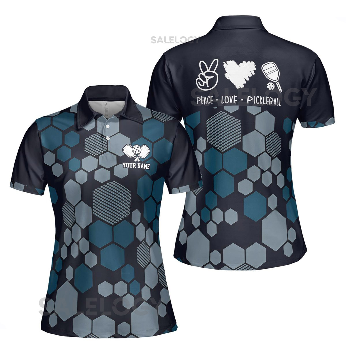 Custom Name Love Peace Pickleball Hexagon Pattern Women39s Polo Shirt S-5XL_121