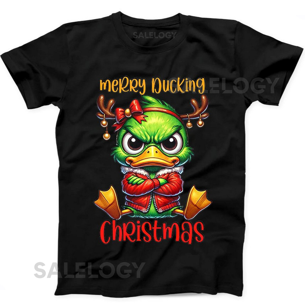 Merry Ducking Christmas Duck Saying Meme Funny Gift Black Tee T Shirt B210_290