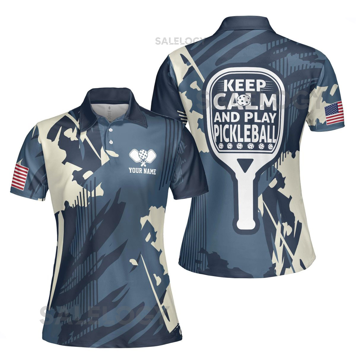 Custom Name America Camo Pattern Keep Calm And Play Pickleball Women39s Polo Shirt S-5XL_37