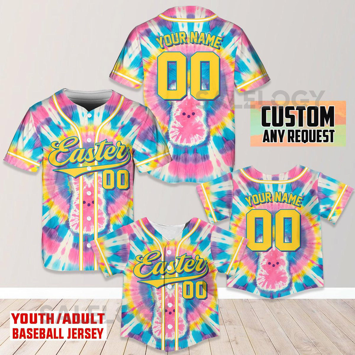 Personalized Tie-Dye Easter Baseball Jersey Custom Name Number Baseball Jersey For Kid Youth and Adult Sizes Easter Celebrations Outfits_706