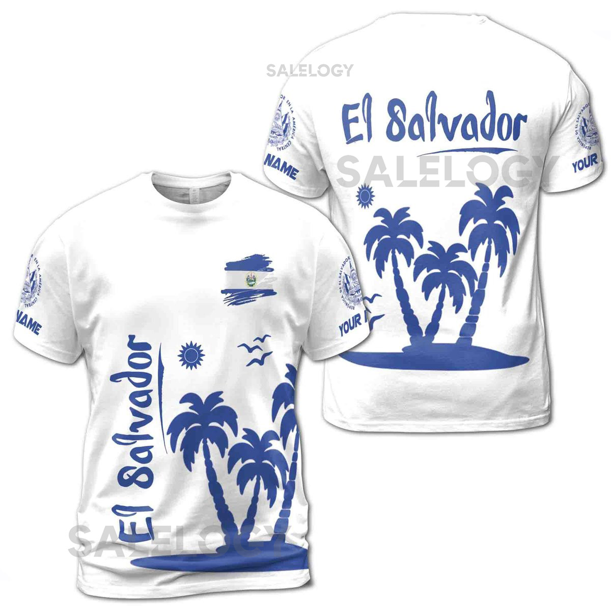 Custom Name El Salvador Palm Island Coat Of Arms Men39s T-shirt S-5XL_38
