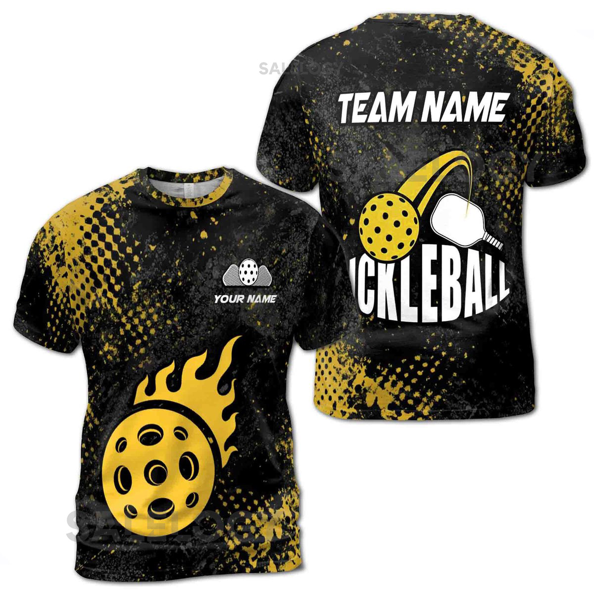 Custom Name Pickleball Team Black Yellow Fireball Dots Men39s T-shirt S-5XL_91