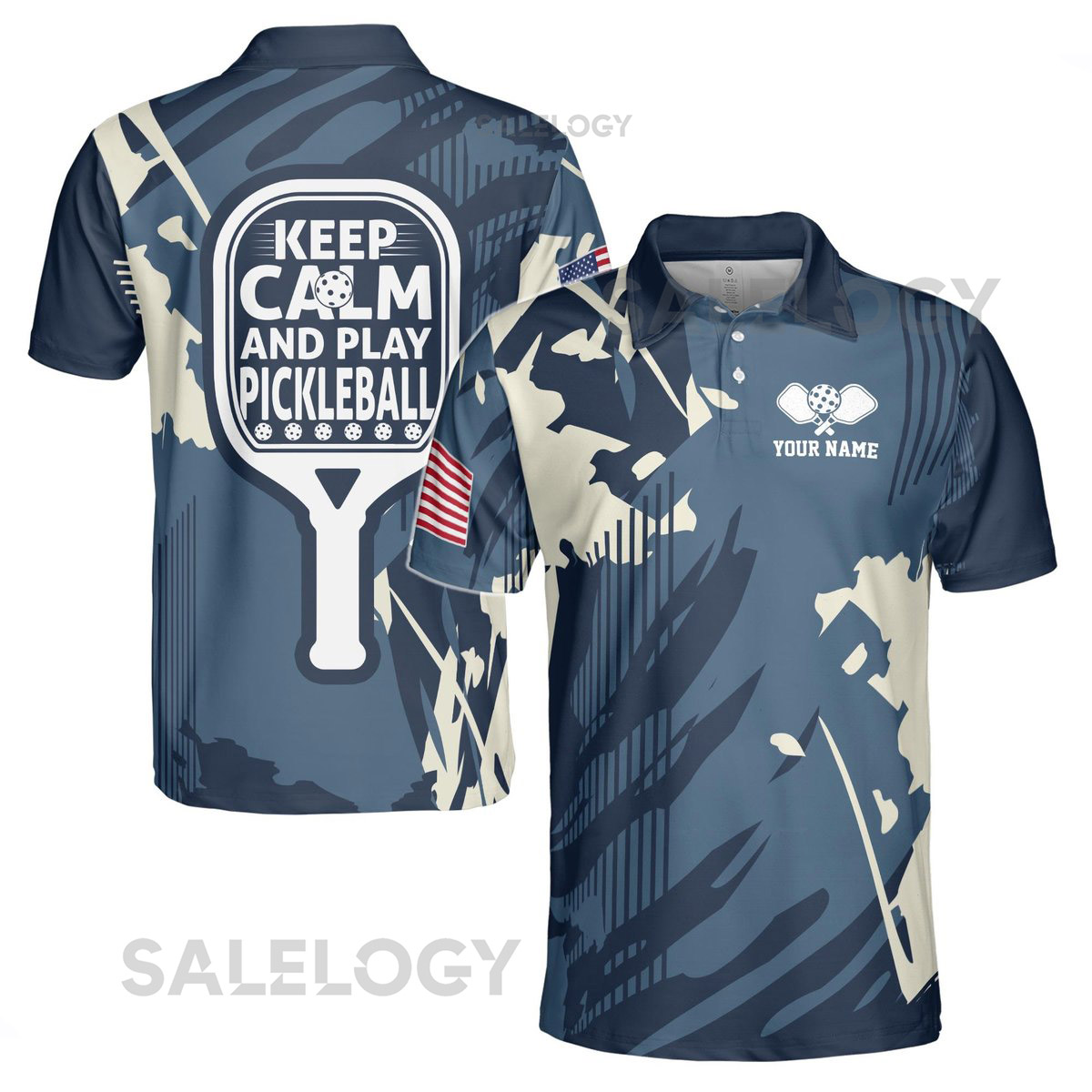 Custom Name America Camo Blue Keep Calm And Play Pickleball Men39s Polo Shirt S-5XL_36
