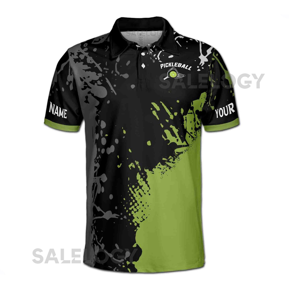 Personalized Name Team Lime Black Spatter Pickleball Men's Polo Shirt S-5XL_578