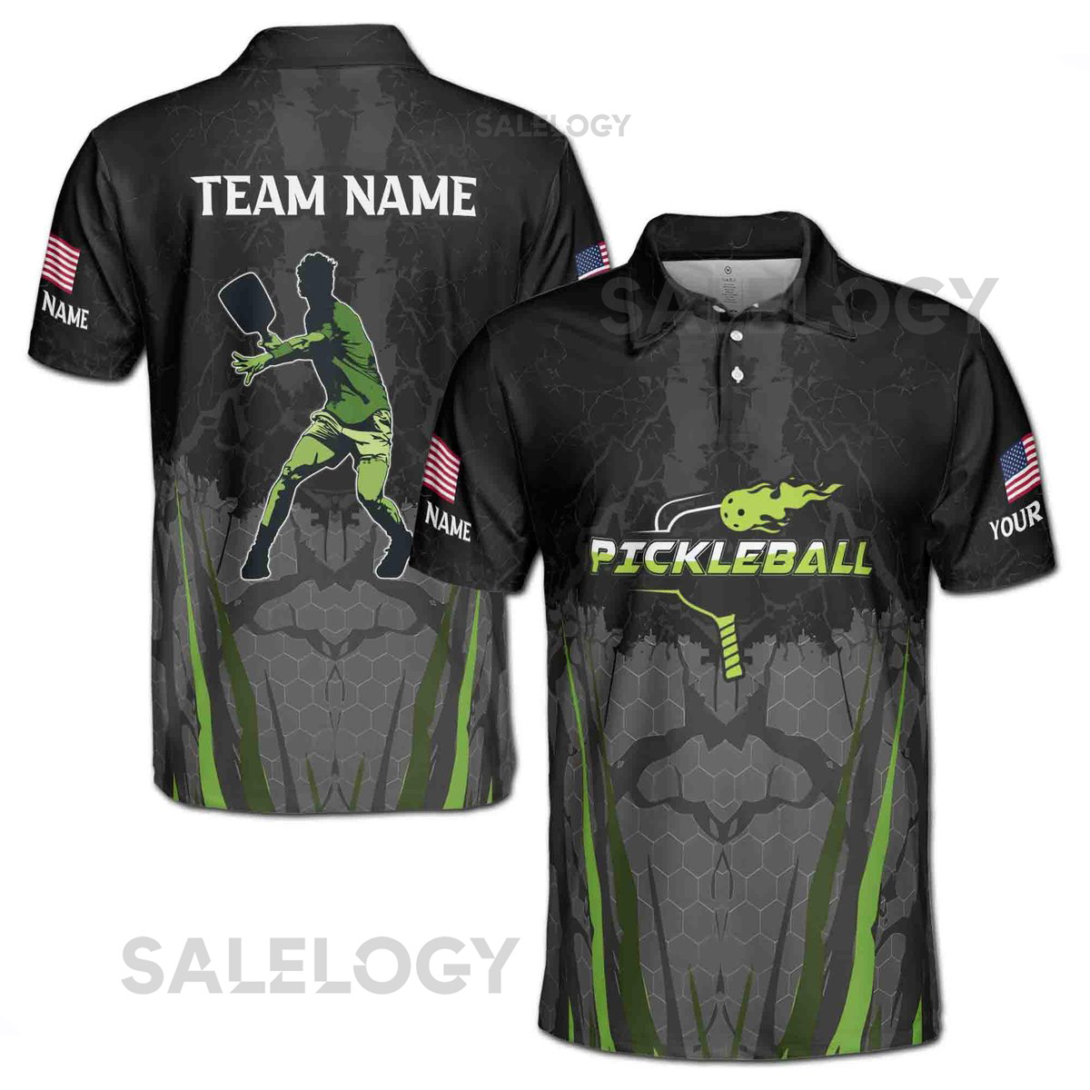 Customized Name America Team Pickleball On Flame Men's Polo Shirt S-5XL_426