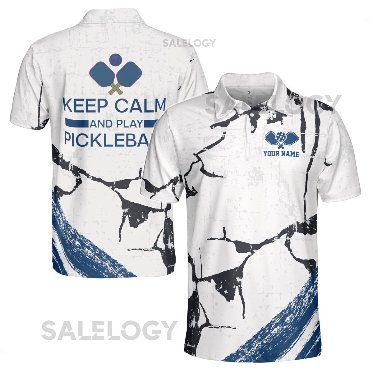 Custom Name Keep Calm And Play Pickleball Blue Men39s Polo Shirt S-5XL_115