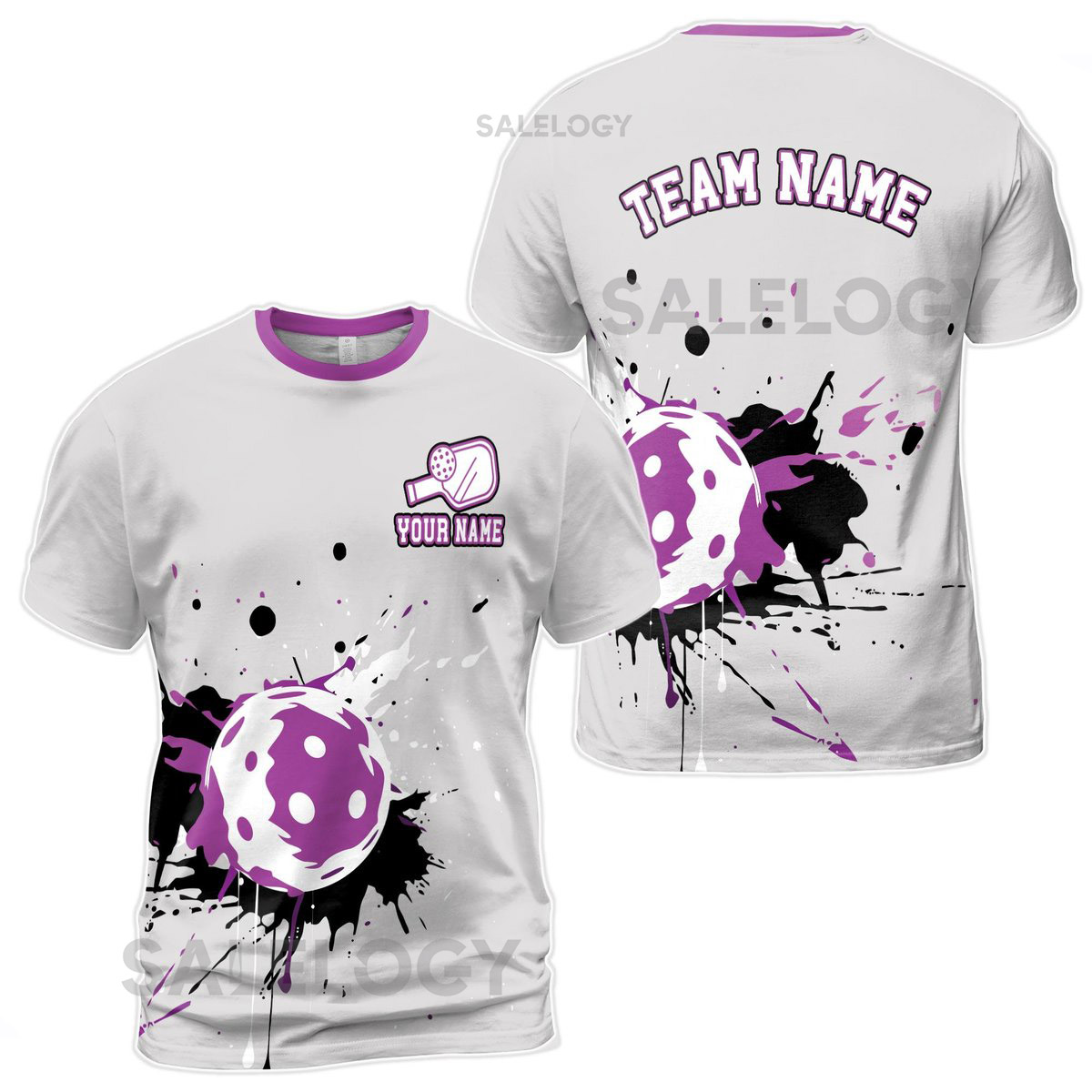 Customized Name Purple Grey Spatter Color Pickleball Men39s T-Shirt S-5XL_185