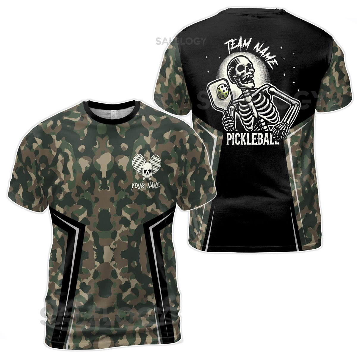 Personalized Name Camo Pattern Skull Plays Pickleball Men39s T-Shirt S-5XL_245