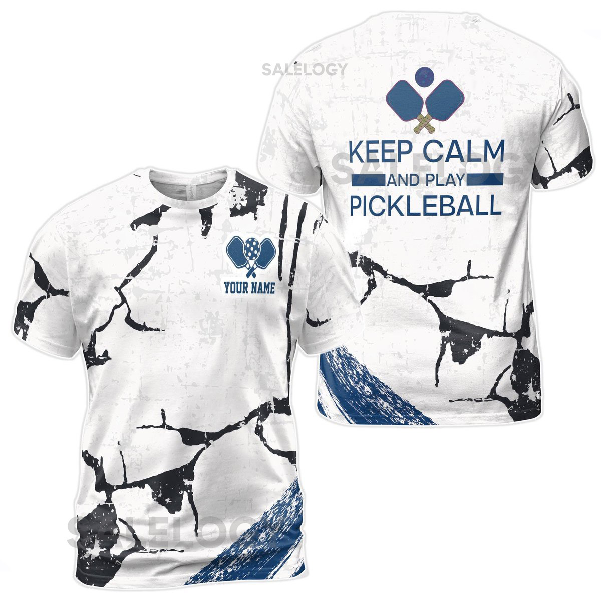 Custom Name Keep Calm And Play Pickleball Blue Men39s T-Shirt S-5XL_62
