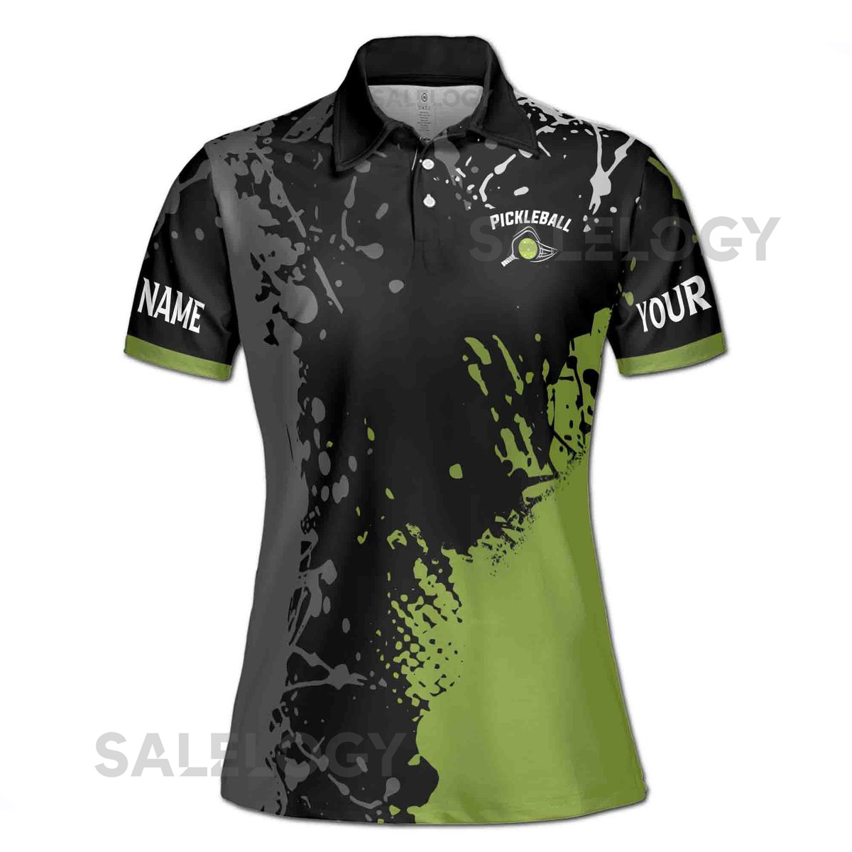 Personalized Name Team Lime Black Spatter Pickleball Women's Polo Shirt S-5XL_579
