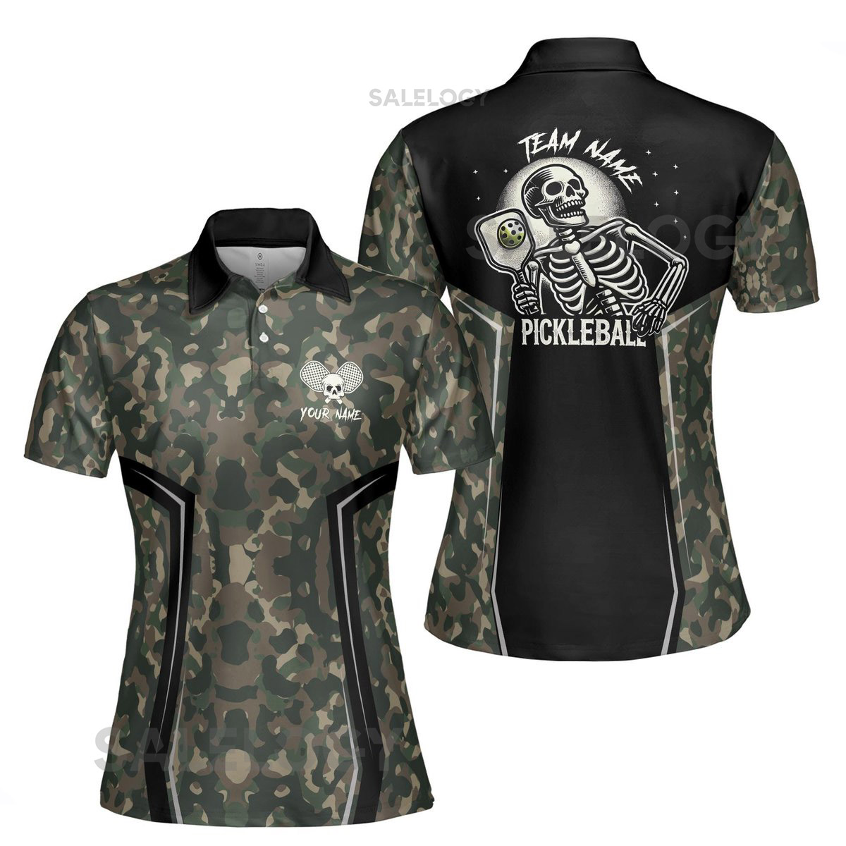 Personalized Name Camo Pattern Skull Plays Pickleball Women's Polo Shirt S-5XL_568