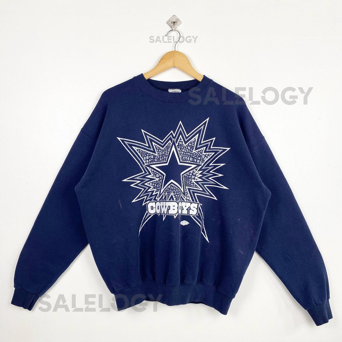 90s Distressed NFL Dallas Cowboys Crewneck Sweatshirt Print Logo Blue Color Mens XL_7
