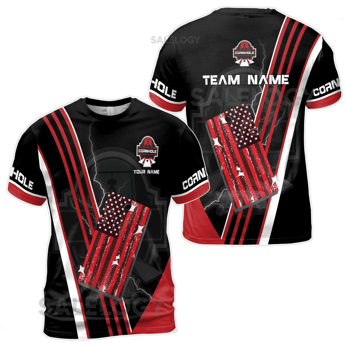 Customized Cornhole Team Retro American Flag Black and Red Men39s T-shirt S-5XL_170