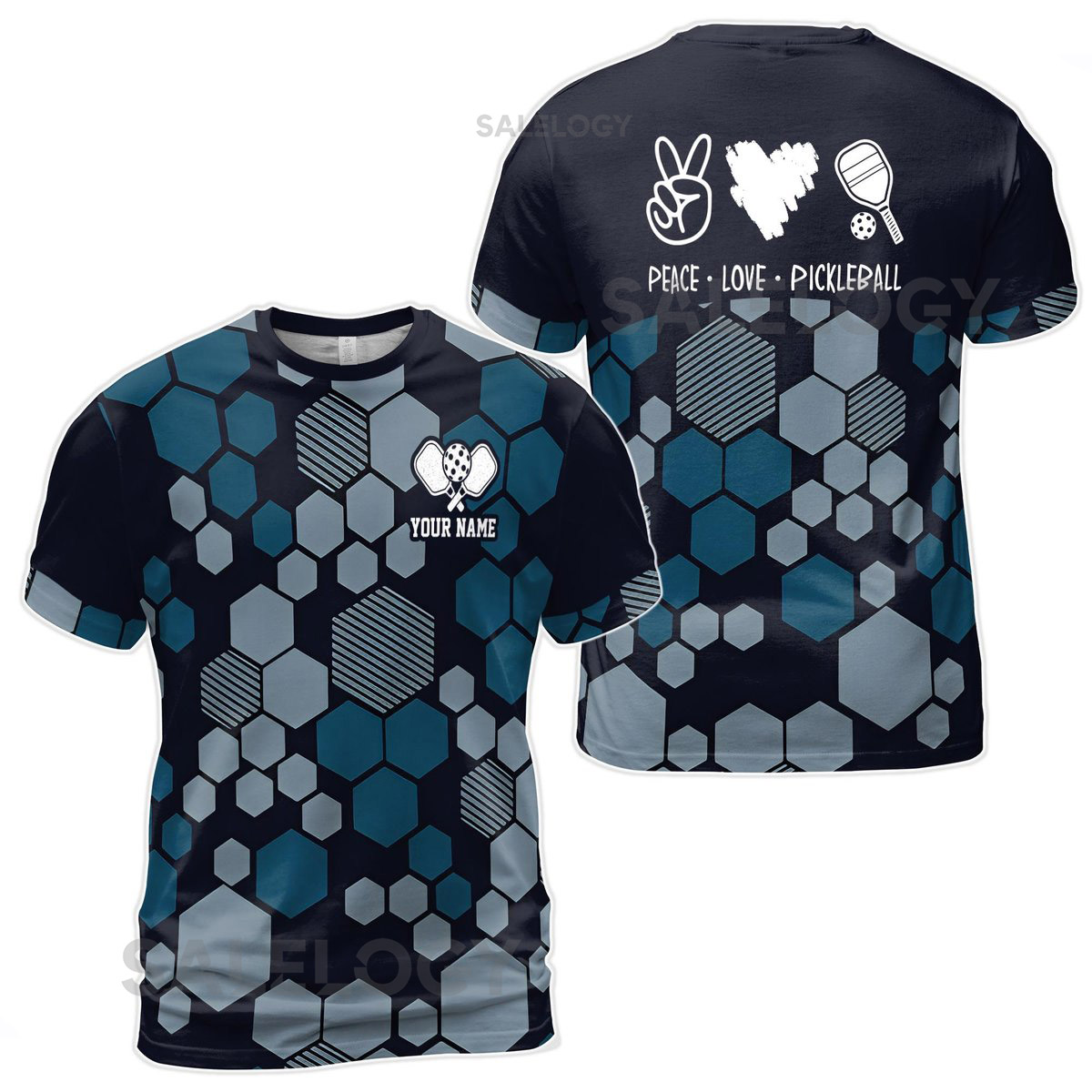 Custom Name Pickleball Team Hexagon Pattern Peace Love Black Men39s T-shirt S-5XL_92