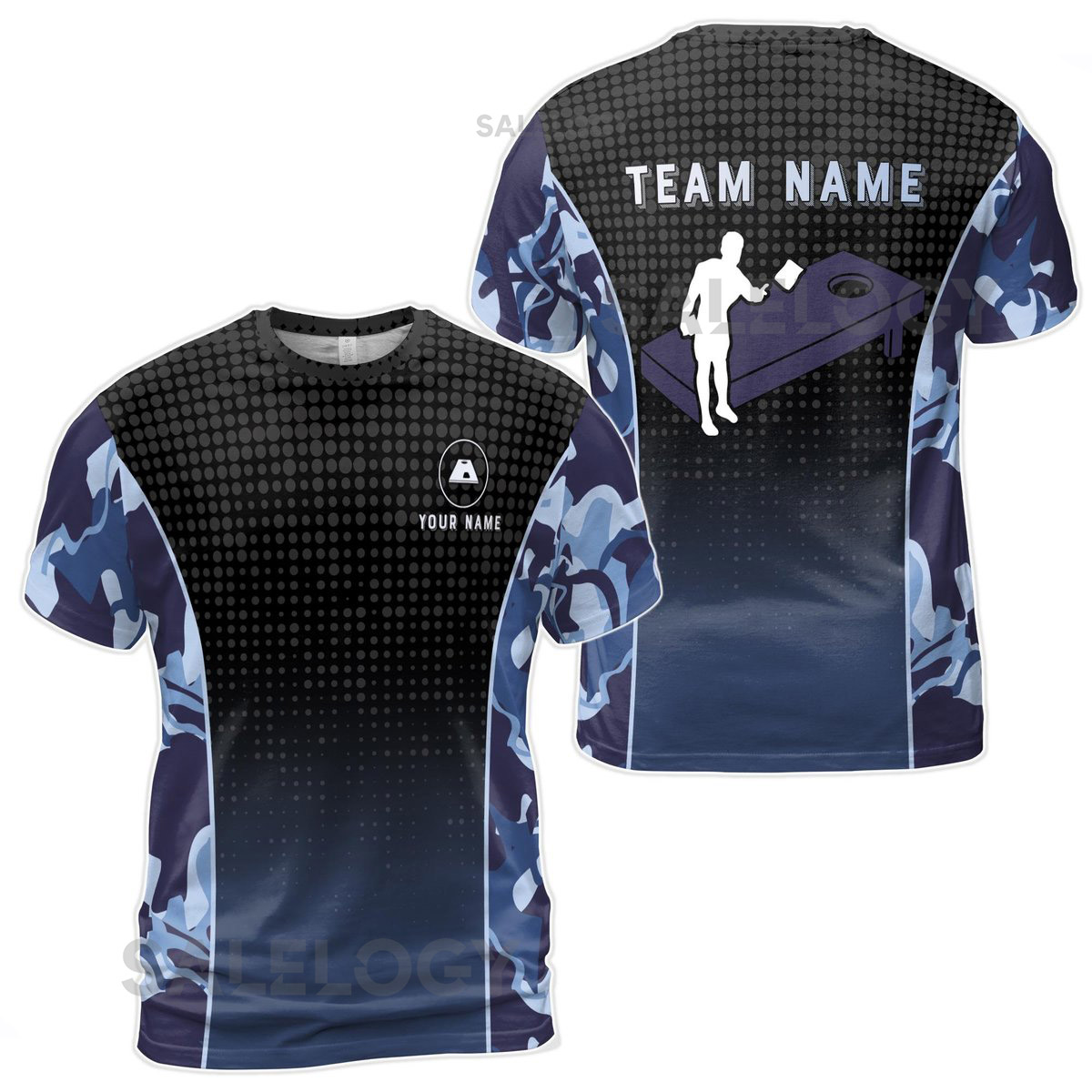 Custom Name Cornhole Team Name Camo Blue Men39s T-shirt S-5XL_32