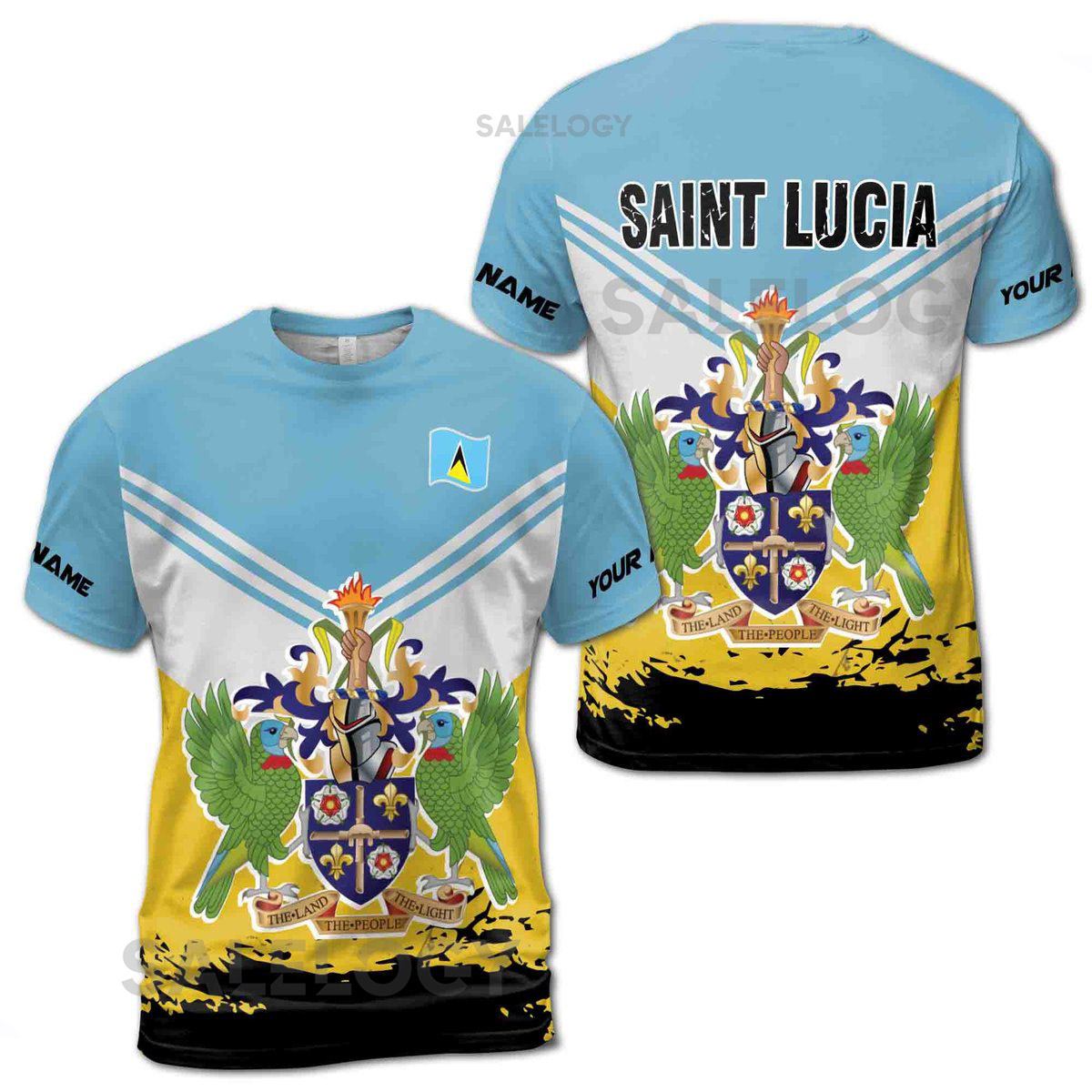 Custom Name Saint Lucia Coat of Arms Emblem Flag Blue Gold Men39s T-shirt S-5XL_101