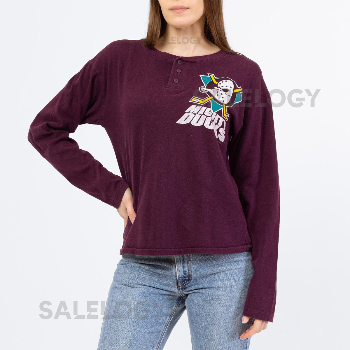 Vintage 90s Anaheim Mighty Ducks Henley Shirt Medium Unisex NHL Hockey Graphic Long Sleeve Tee_680