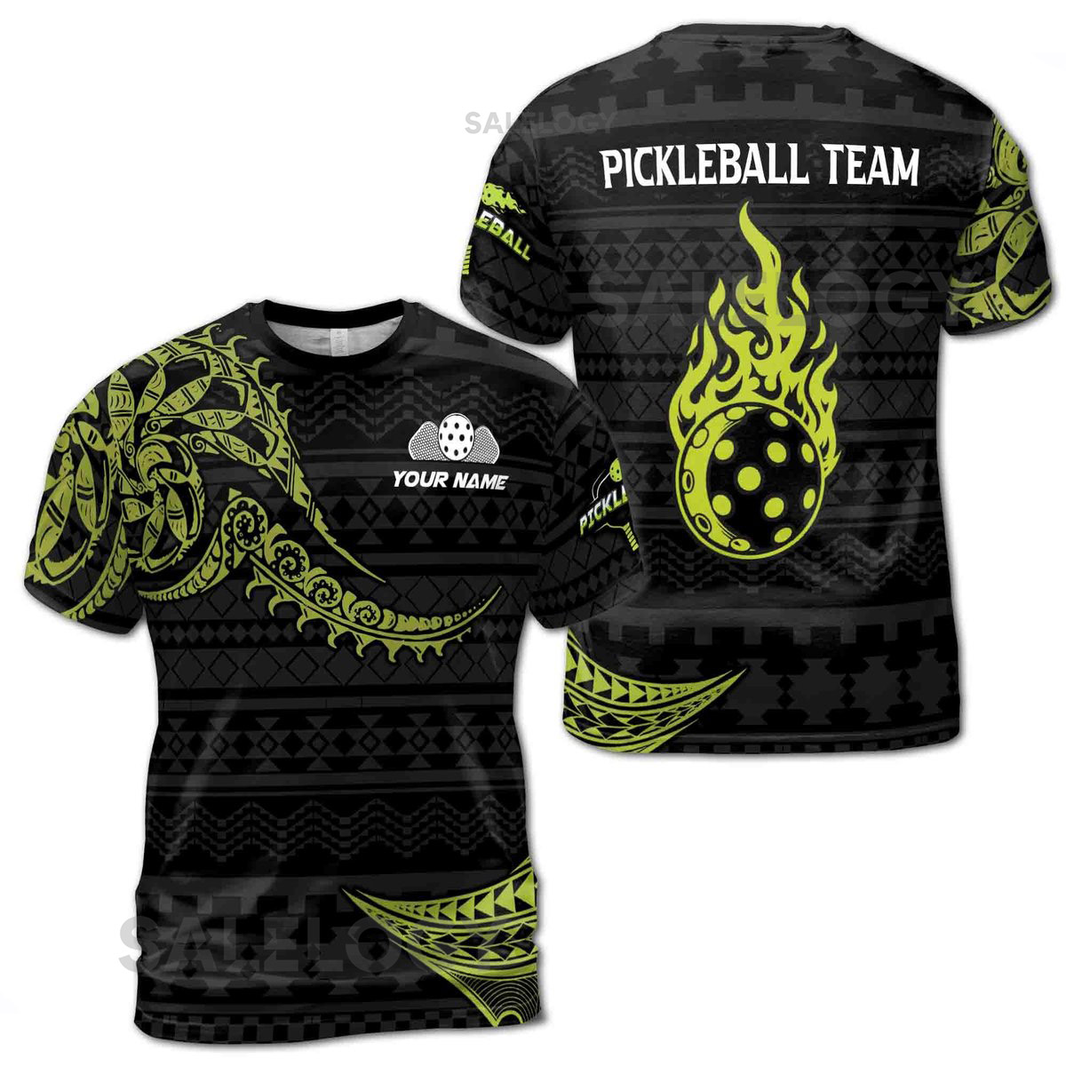 Custom Name Pickleball Team Tribal Tattoo Fire Ball Men39s T-shirt S-5XL_97
