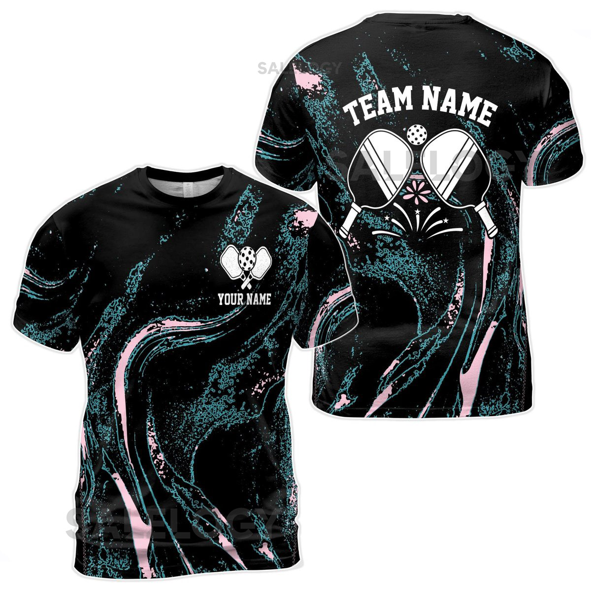 Custom Name Pickleball 3D Marble Wave Pattern Black Men39s T-shirt S-5XL_87