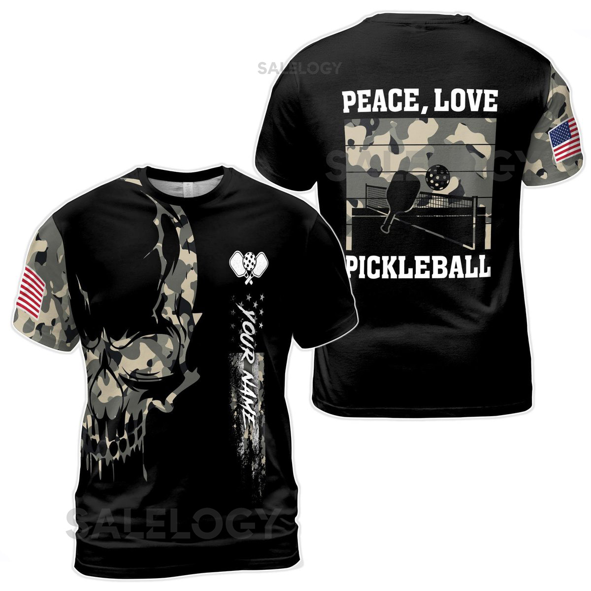 Custom Name Pickleball Amercan Flag Skull Camo Peace Love Men39s T-shirt S-5XL_88