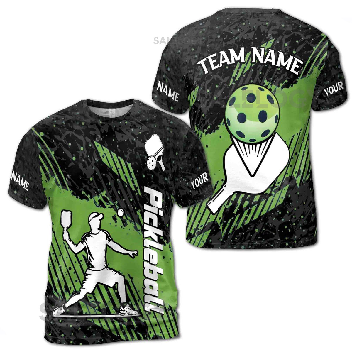 Custom Name Pickleball Team Paddle Ball Striped Green Black Men39s T-shirt S-5XL_96