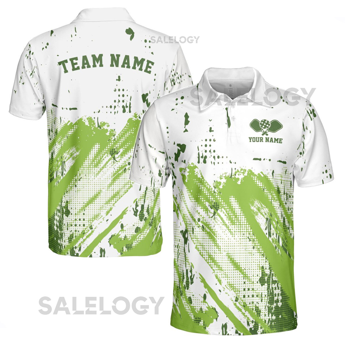 Custom Name Funny Pickleball White Green Stripes and Dots Men39s Polo Shirt S-5XL_91