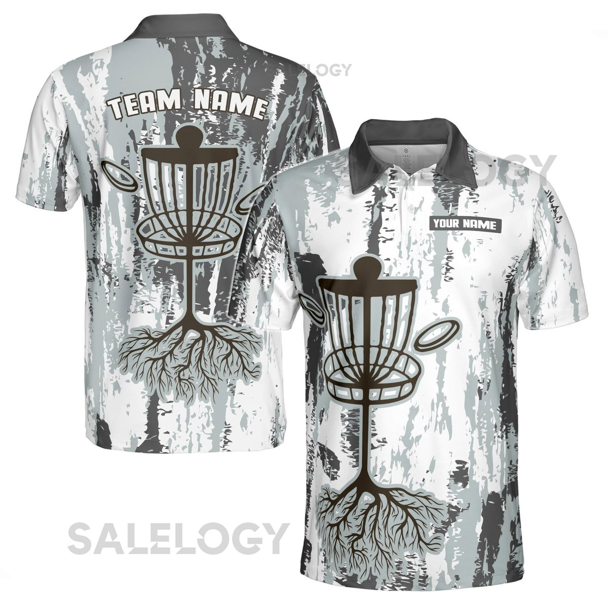 Custom Name Team Disc Golf Grunge White Gray Pattern Men39s Polo Shirt S-5XL_182