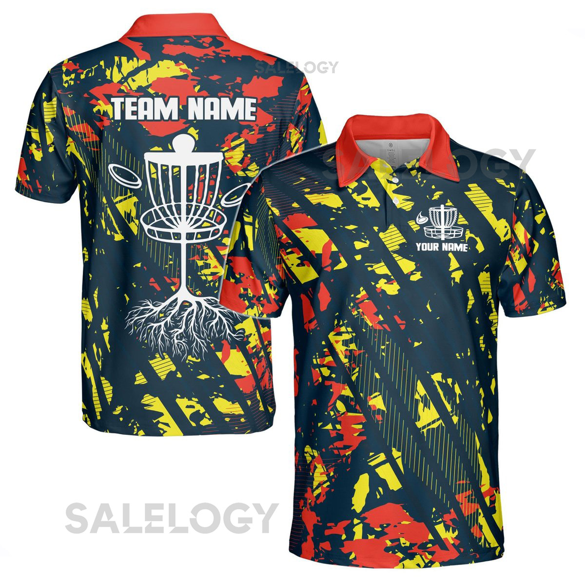 Custom Name Team Disc Golf Splatter Orange Yellow Paint Men39s Polo Shirt S-5XL_185