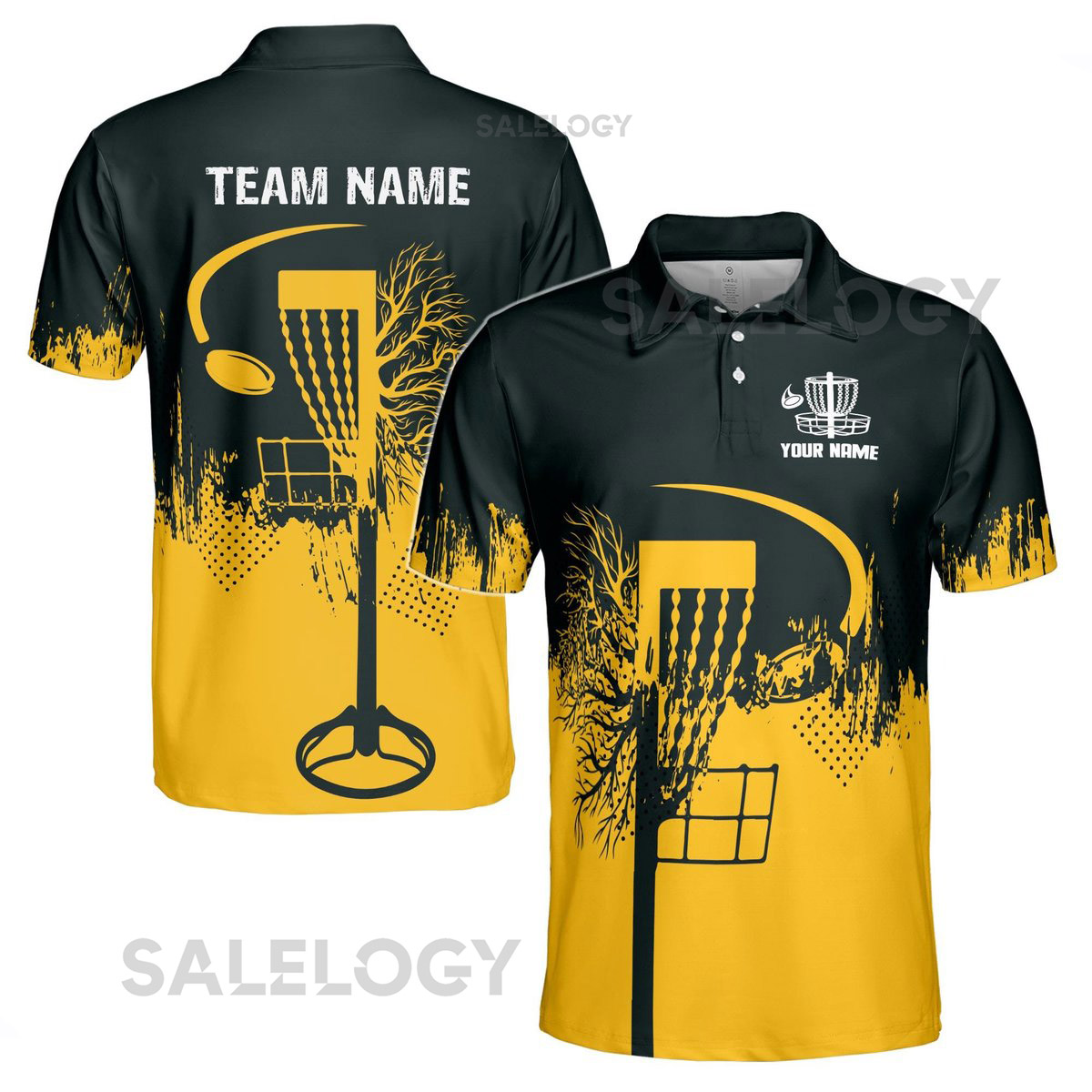 Custom Name Team Disc Golf Grunge Black Yellow Pattern Men39s Polo Shirt S-5XL_181