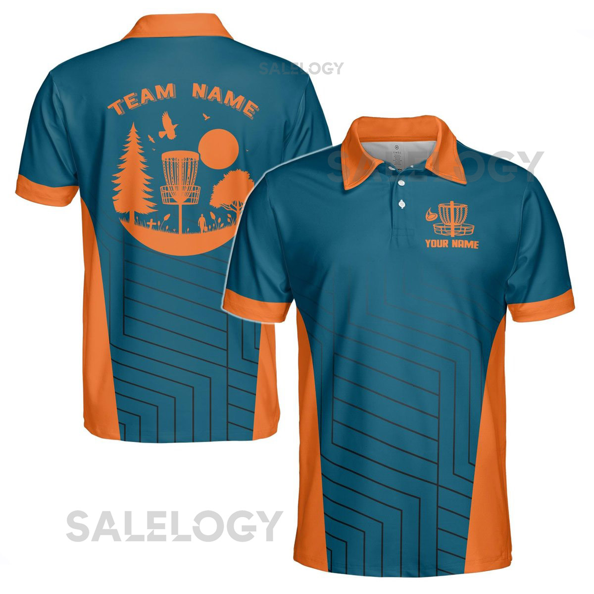 Custom Name Funny Disc Golf Blue Orange Tree Pattern Men39s Polo Shirt S-5XL_85