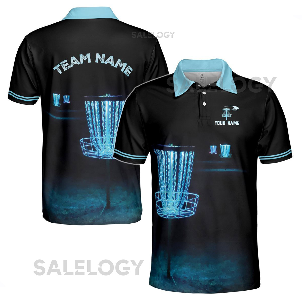 Custom Name Team Disc Golf Fantasy Black Blue Men39s Polo Shirt S-5XL_180