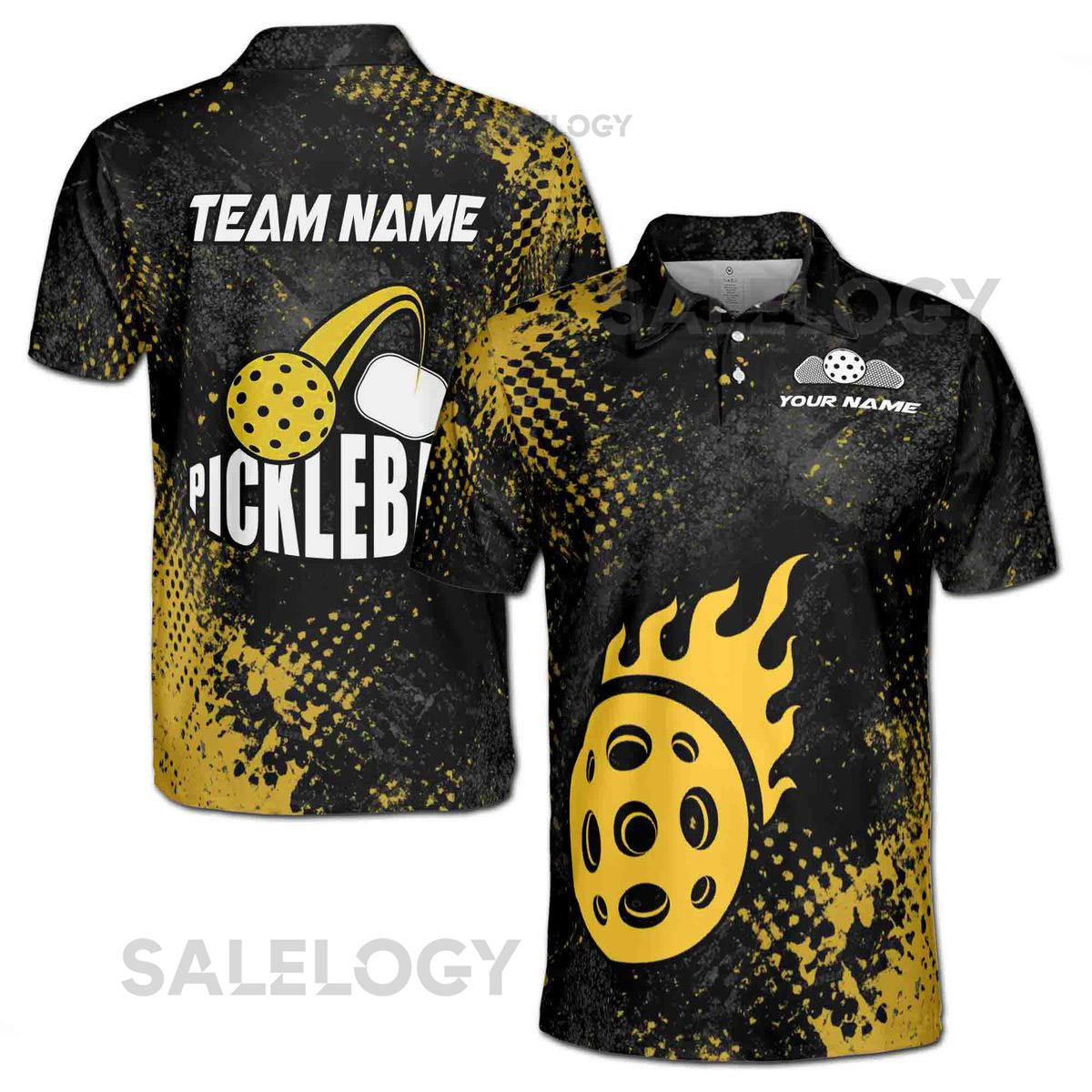Custom Name Team Pickleball on Fire Yellow Men39s Polo Shirt S-5XL_206