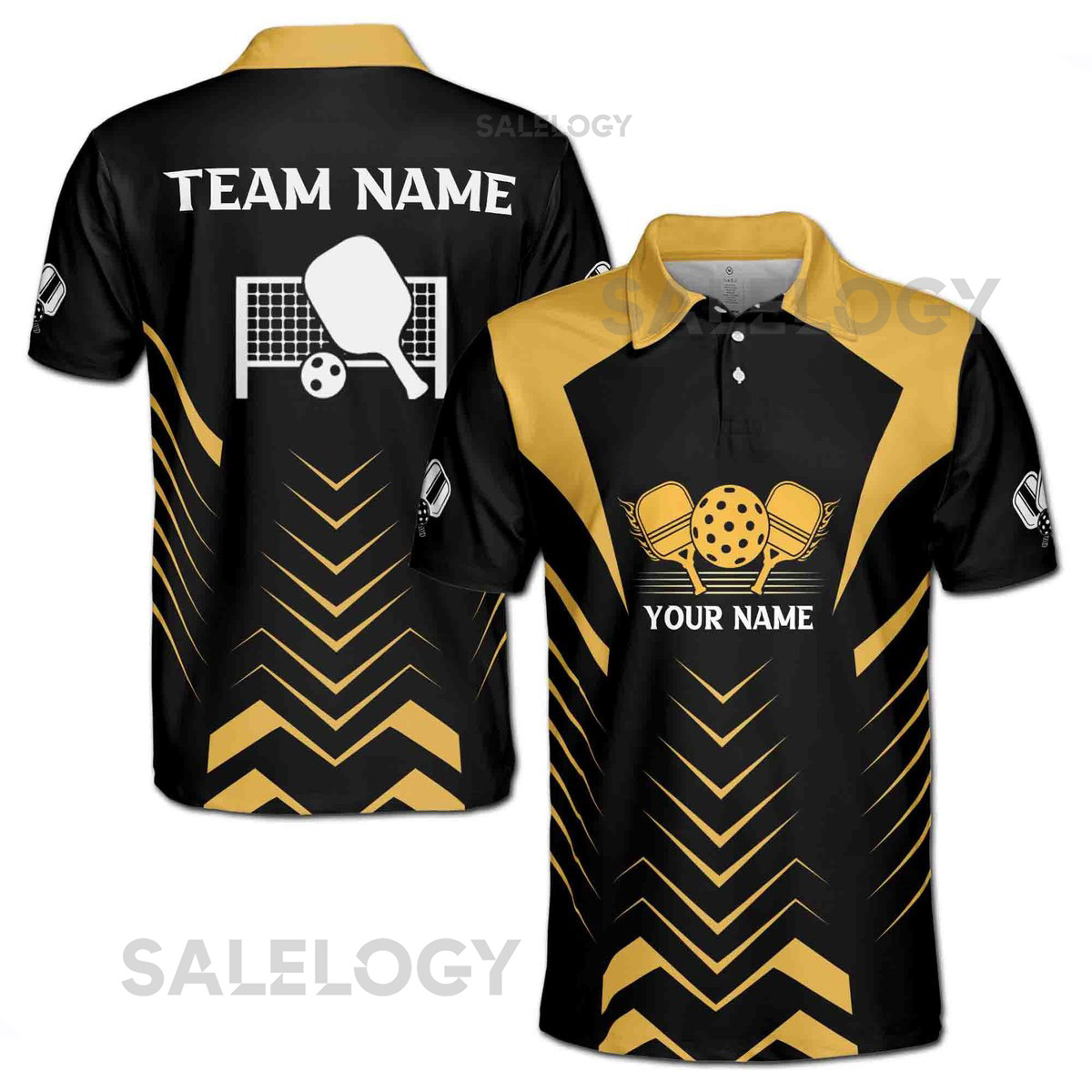 Custom Name Addicted Pickleball Team Yellow and Black Men39s Polo Shirt S-5XL_35