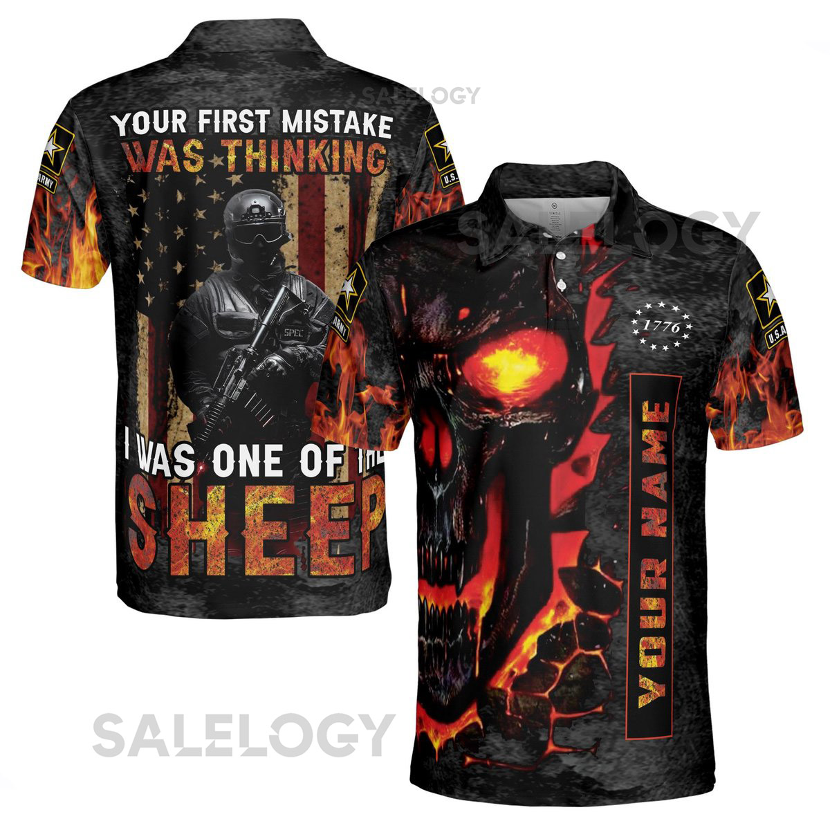 Custom Name Veteran Retro America Flag Fire Skull Soldier Men39s Polo Shirt S-5XL_213