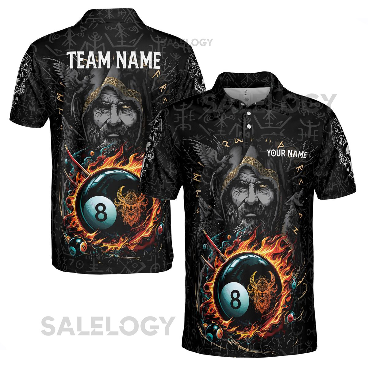 Custom Name Billiards Pool Player Viking Warrior Pattern Men39s Polo Shirt S-5XL_48