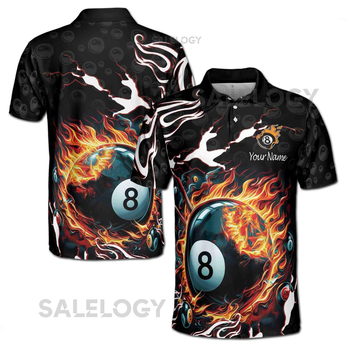 Customized Name Flaming 8-Ball Billiards on Fire Men's Polo Shirt S-5XL_428