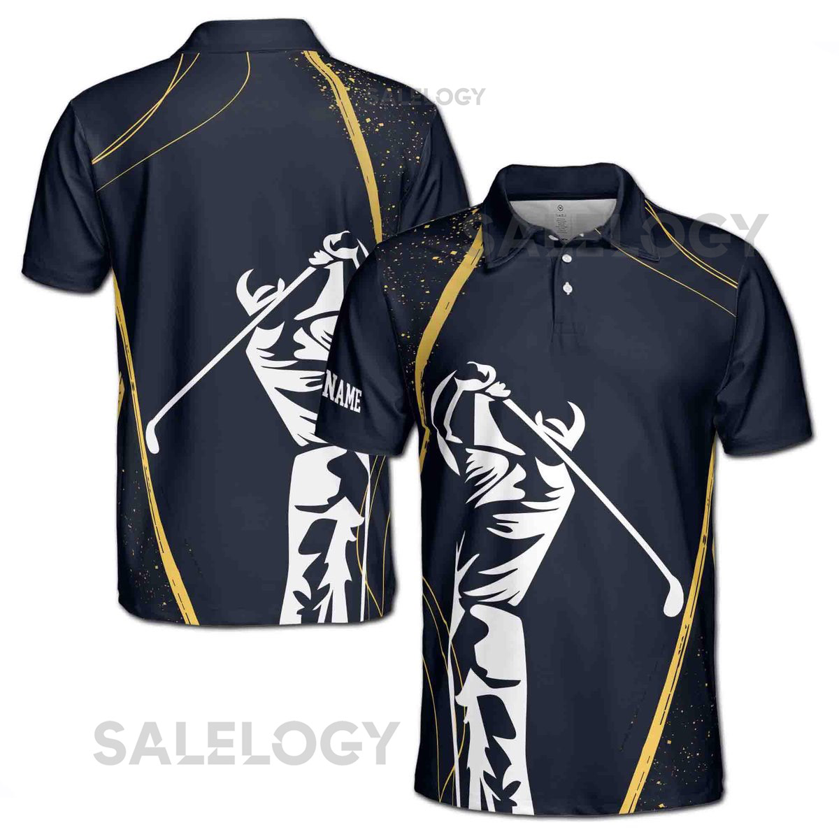 Custom Name Stylized Golf Player Swing Golden Spatter Men39s Polo Shirt S-5XL_174