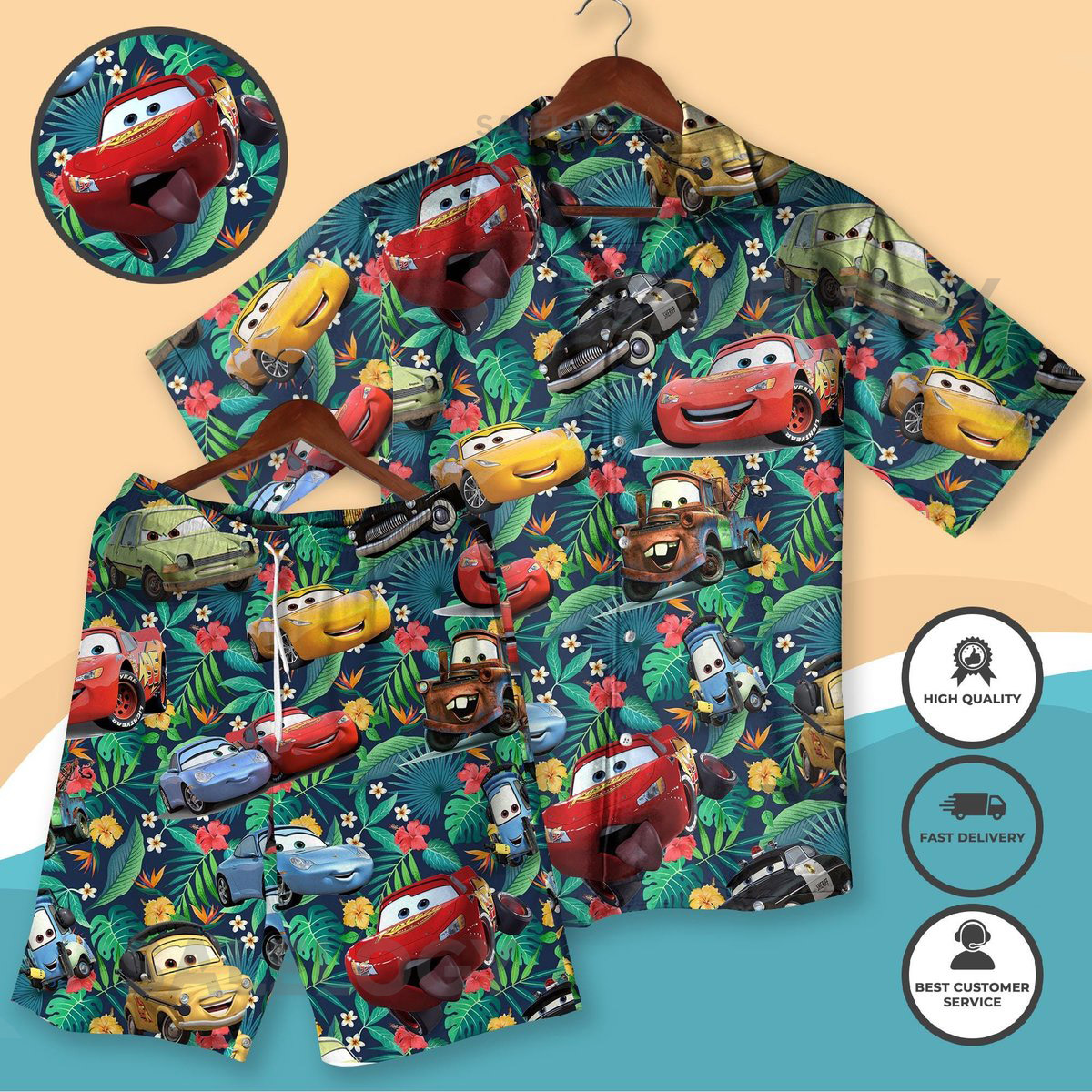 Colorful Cars Hawaiian Shirt Lightning McQueen Doc Hudson Summer Hawaiian Summer Car Aloha Shirt Car Pixar Hawaiian Button Down Shirt_48