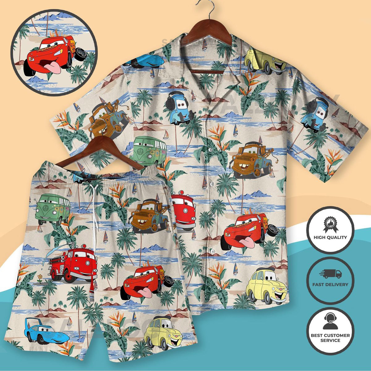 Colorful Cars Hawaiian Shirt Lightning McQueen Doc Hudson Summer Hawaiian Summer Car Aloha Shirt Car Pixar Hawaiian Button-Down Shirts_49