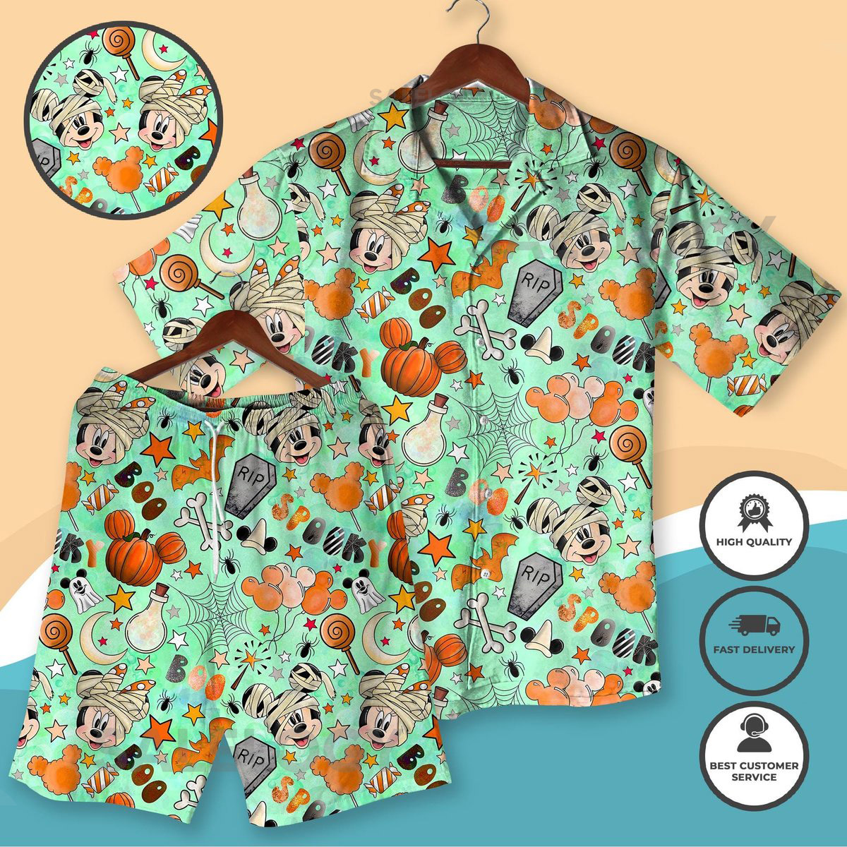 Halloween Mickey Minnie Shirt Set - Spooky Hawaiian Shirt and Shorts - Mummy Mouse Costume Shirt - Halloween Matching Outfit_103