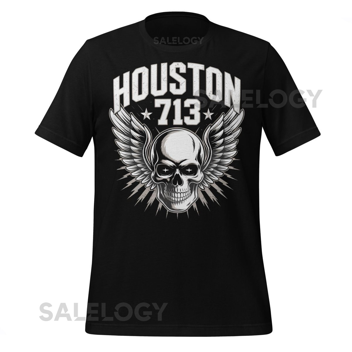 Houston 713 Skull T-Shirt with Wings Bold Urban Streetwear Texas Area Code Graphic Tee Gift for Men Women H-Town Pride Cl_209