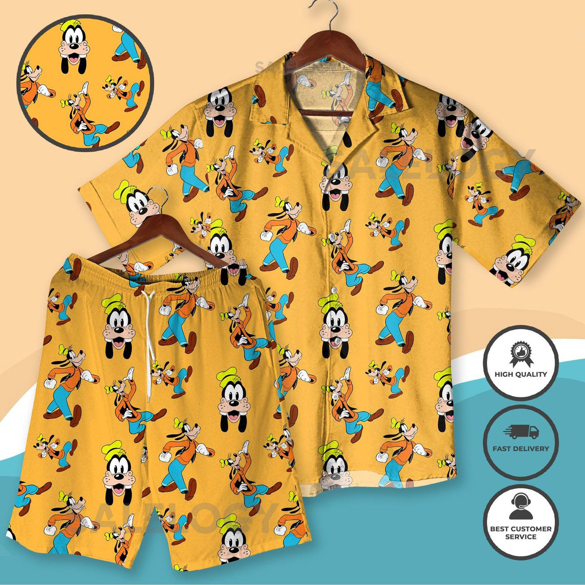 Goofy Shirt Cartoon Lounge Outfit Vintage Goofy Summer Matching Set Vintage Yellow Goofy-Inspired Outfit Retro Hawaiian Shirts_86