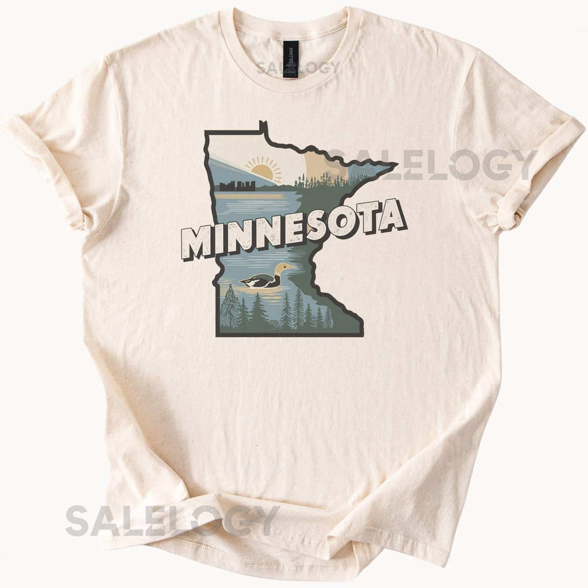 Minnesota State Outline Graphic T Shirt with Nature Scene Sunrise Lake Loon Bird Forest Trees Outdoors Minnesota Gift Shirt_639